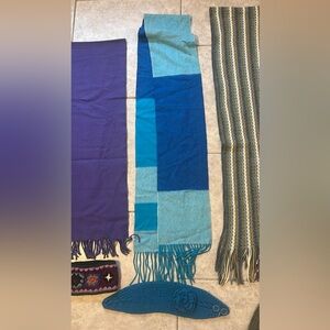 Blue plaid cashmere scarf & matching acrylic knit headband